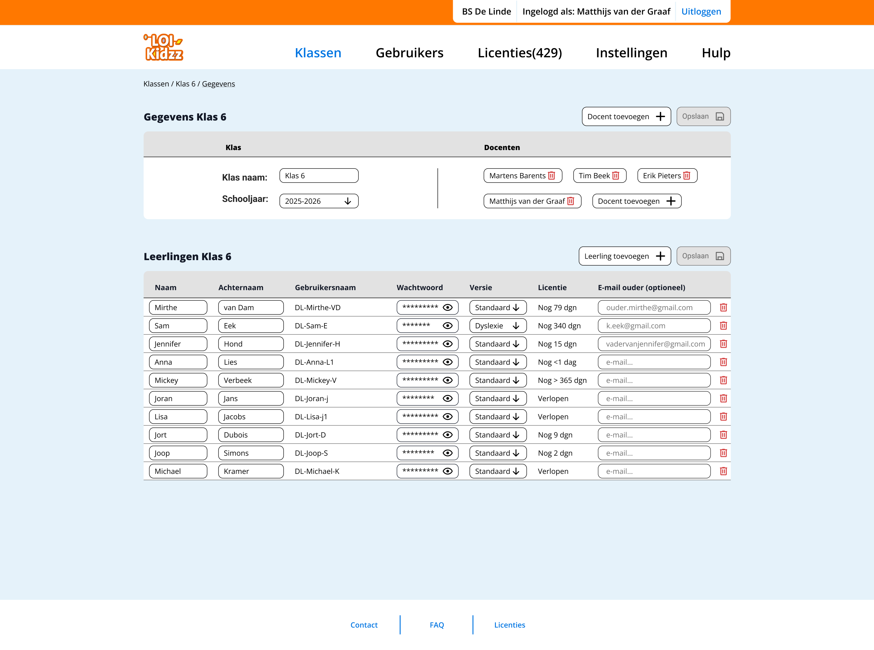 Class management interface with user list, breadcrumb navigation, and quick action controls